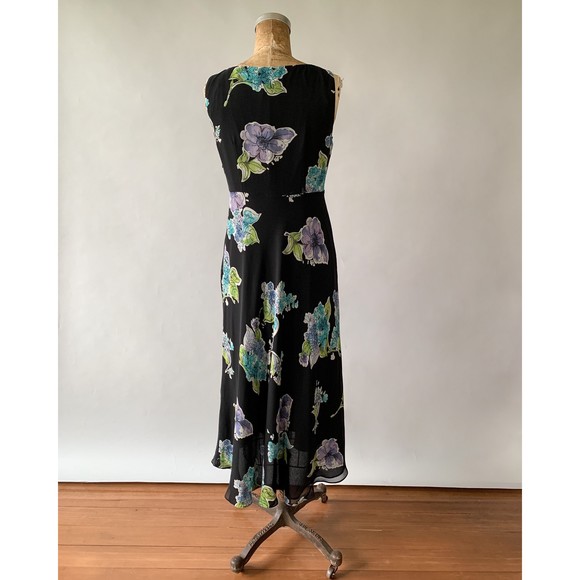 VTG Y2K Talbots Black Floral Silk Chiffo 1930s Style Bias Cut Dress S Size 4 - Picture 6 of 10